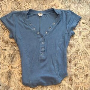Garage Short Sleeve Blue Ribbed Top